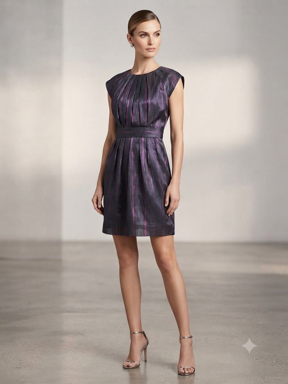 Metallic Purple Pleated Waist Mini Dress